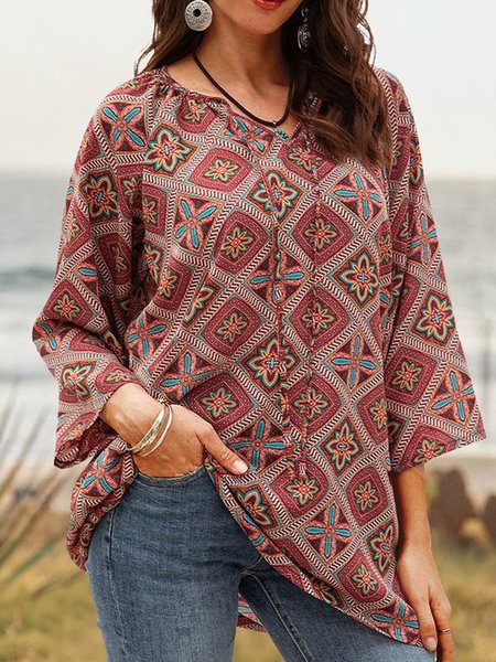

Ethnic Loosen V Neck Geometric Boho Shirts & Tops, Flower, Tops