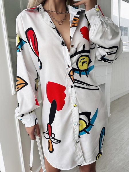 

Vacation long-sleeved shirt collar waist fit geometric animal pattern dress, Multicolor, Mini Dresses