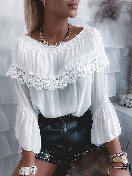 

Three Quarter Casual Crew Neck Lace Shirts & Tops, White, Tops