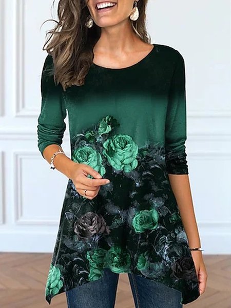 

Floral Crew Neck Loosen Irregular Shirts & Tops, Green, Tops