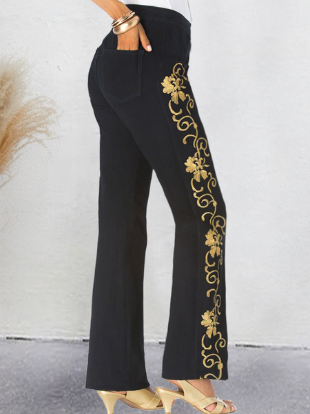 

Elegant Valentine's Day Straight Pants with Golden Embroidery Decoration Floral Regular Fit Pants, Black, Pants
