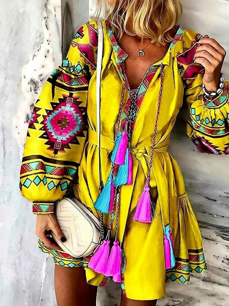 

Plus size Boho Holiday Printed Dresses, Yellow, Mini Dresses