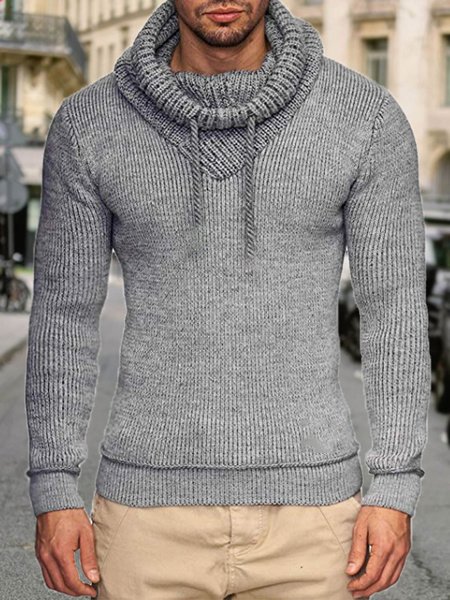 

Men's Solid Color Pile-Collar Drawstring And Leather Label Slim-Fit Sweater, Light gray, Blouses&Shirts
