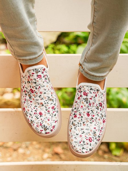 

Floral Graphic White Canvas Casual Shoes, Flower, Flats & Loafers