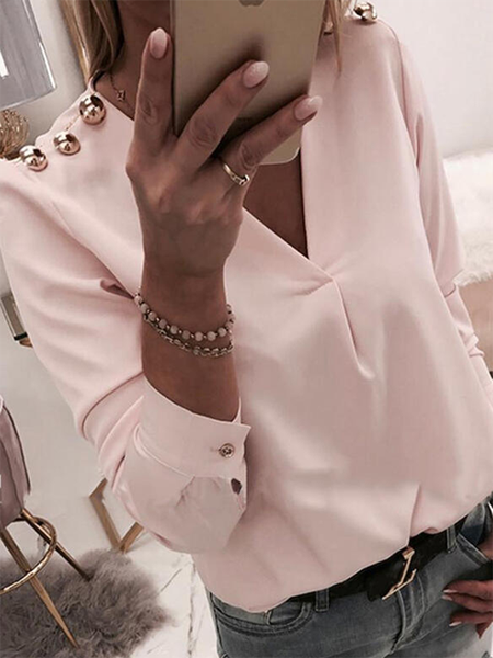

Long Sleeve V Neck Buttoned Casual Shirts & Tops, Pink, Tops