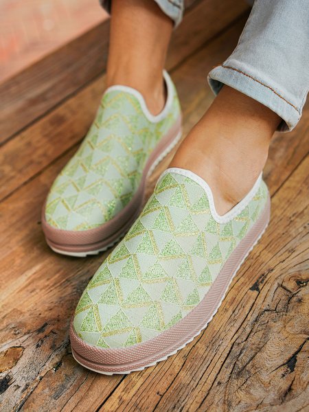 

Green-white-black Geometric Pattern Casual Flat Shoes, Flats