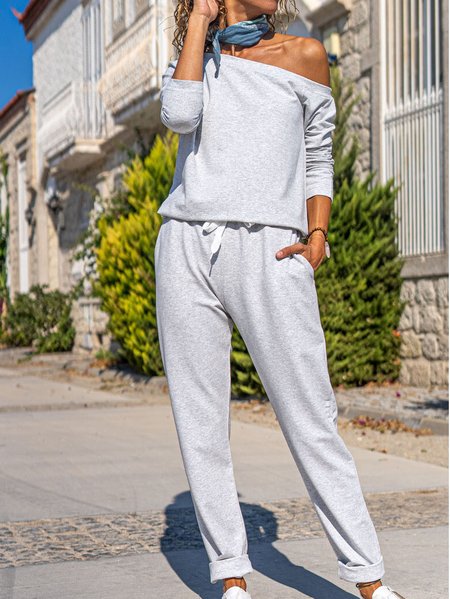 

Plain Casual Scoop Neckline Suits, Light gray, Suit Set