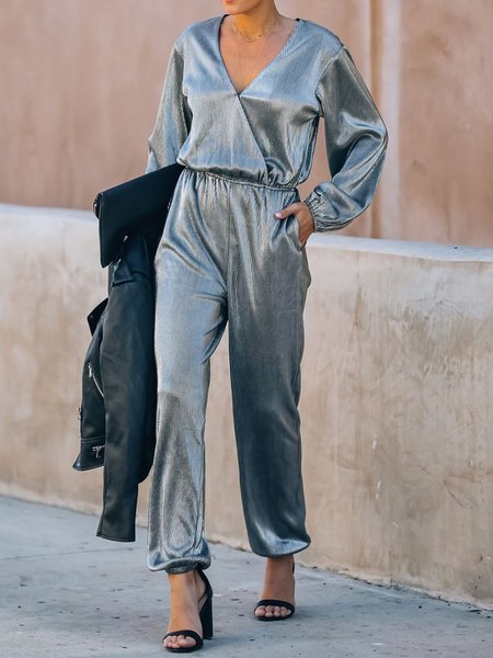 

Casual V-neck Wrap Pocketed Silver Jumpsuit, Jumpsuits＆Rompers