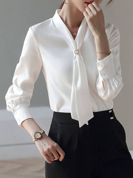 

Elegant Long sleeve Regular Fit Plain Top, White, Tops