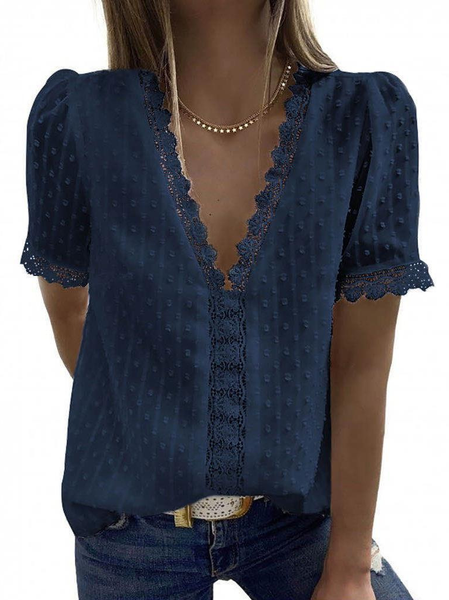 

V Neck Casual Plain Loosen Lace Shirts & Tops, Deep blue, Tops