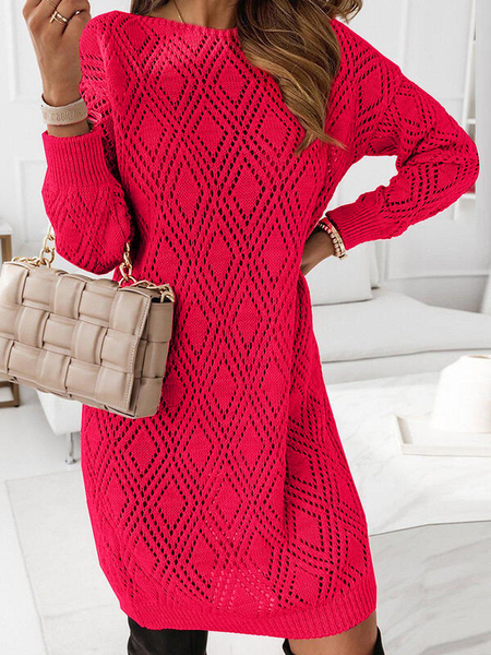

Plain Crew Neck Long Sleeve Casual Dresses, Red, Mini Dresses