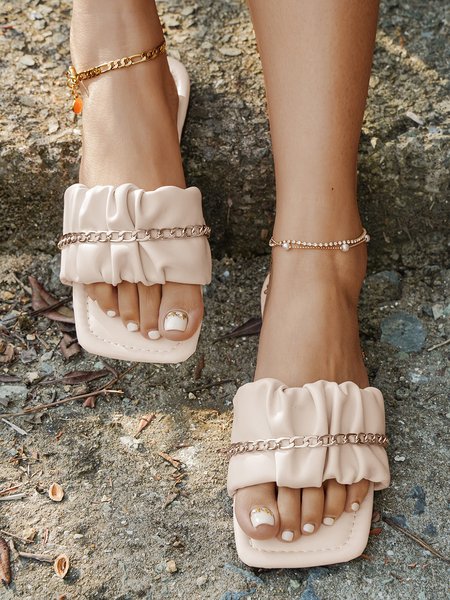 

Holiday Style Metal Chain Pleated Square-toe Slipper, Beige, Women Shoes>>Women's Shoes>>Women sandals Slippers