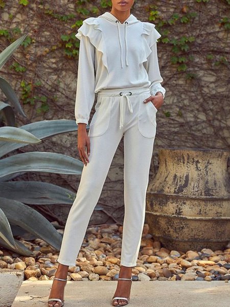 

Flouncing Casual Hooded Suits Top With Pants, Off white, Pants Set