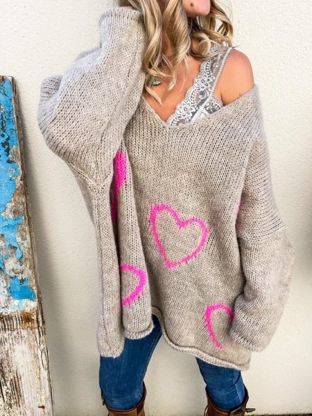 

Casual Long Sleeve V Neck Plus Size Sweater, Khaki, Knitwear & Sweaters