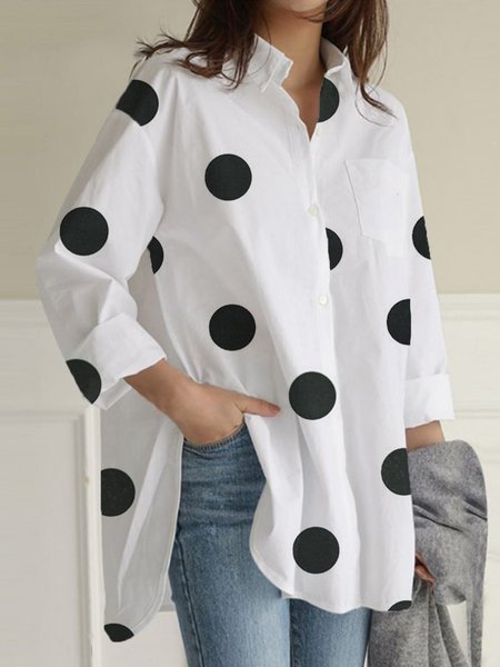 

Daily Shirt Collar Polka Dots Casual Top, White, Blouses and Shirts