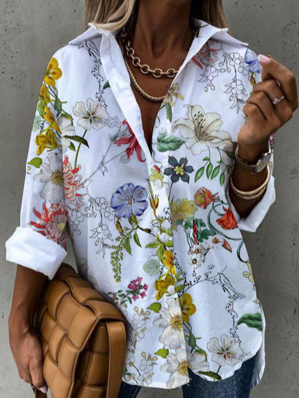 

Women Floral Button Down Shirt Collar Spring Autumn Causal Long Sleeve Blouse, White, Blouses & Shirts