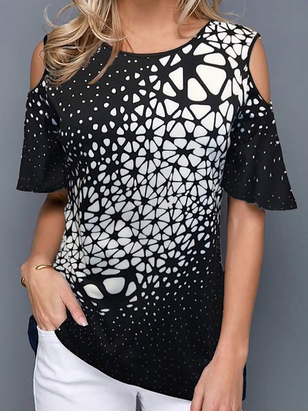 

Loosen Hollow Out Floral/Geometric Printed Tunic Tops, Black, Tops
