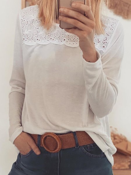 

Cotton Blends Casual Loosen Crew Neck Solid Shirts & Tops, White, T-Shirts