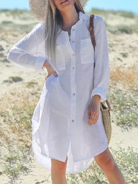 

Casual Solid Pocket Loosen Long Sleeve Dresses, White, Mini Dresses