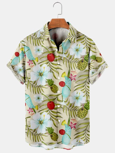 

Holiday Style Hawaiian Series Plant Leaves And Floral Elements Pattern Lapel Short-Sleeved Shirt Print Top, Green, Men's Floral shirt