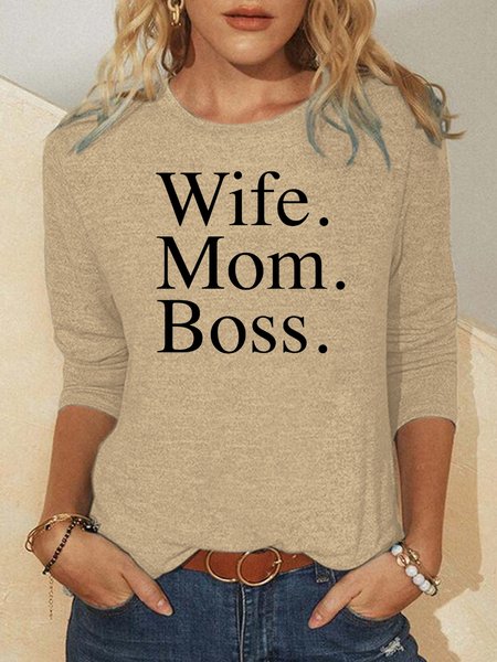 

Wife Mom Boss Print Crew Neck Casual Tops, Khaki, Long sleeves