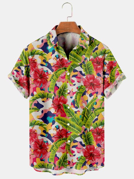 Vacation Leisure Plant Elements Palm Leaf And Floral Pattern Hawaiian Style Printed Shirt Top, As picture, Men's Floral shirt