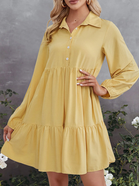 

Casual Cotton Blends Buttoned Long sleeve Woven Dress, Yellow, Mini Dresses