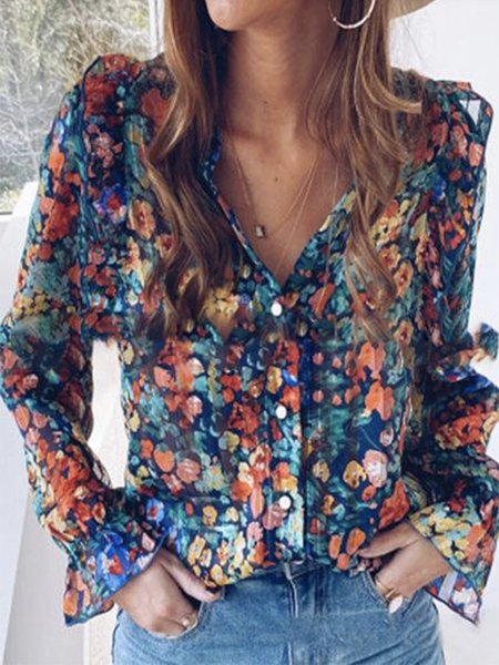 Loosen V Neck Boho Long Sleeve Blouse, Deep blue, Blouses & Shirts