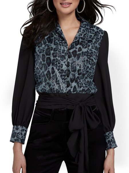 

Elegant Lapel Long Sleeve Regular Fit Leopard Shirt, Black, Blouses and Shirts