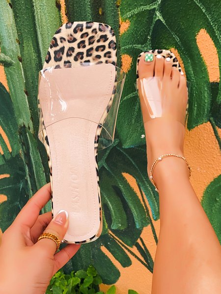 

Leopard Print Metal Heel Low-heel Transparent Strap Sandals, Women Shoes>>Women's Shoes>>Women sandals Slippers