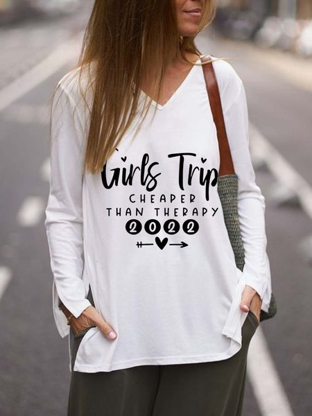 

Girls Ttip Cheaper Than Therapy 2022 Printed Casual V Neck Slit Loosen Tops, White, Tops