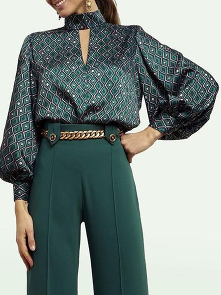 

Bishop Sleeve Stand Collar Elegant Geometric Shirt, Green, Tops