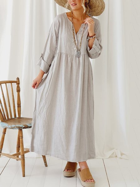 

Casual Solid V neck Loosen Long Sleeve Dresses, Gray, Maxi Dresses