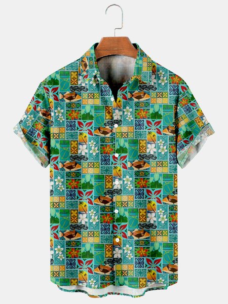 

Vacation Leisure Plant Elements Palm Leaf And Floral Pattern Hawaiian Style Printed Shirt Top, As picture, Men's Floral shirt
