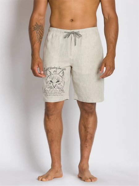 

American letters Cat Flax Recreational Shorts, Khaki, Shorts