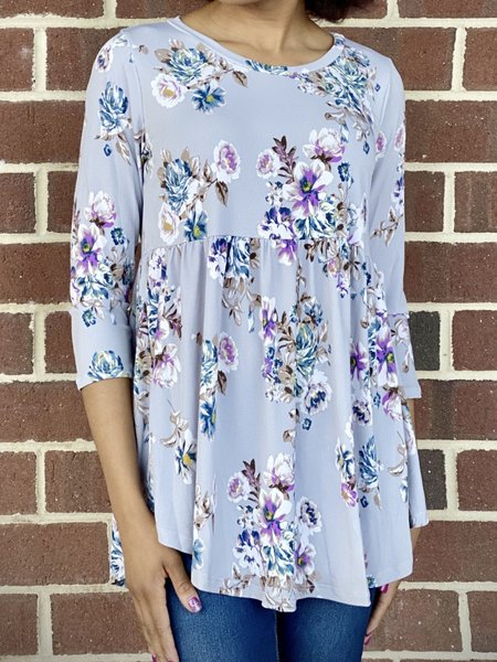 

Cotton Blends Casual Floral Shirts & Tops, Blue purple, T-Shirts