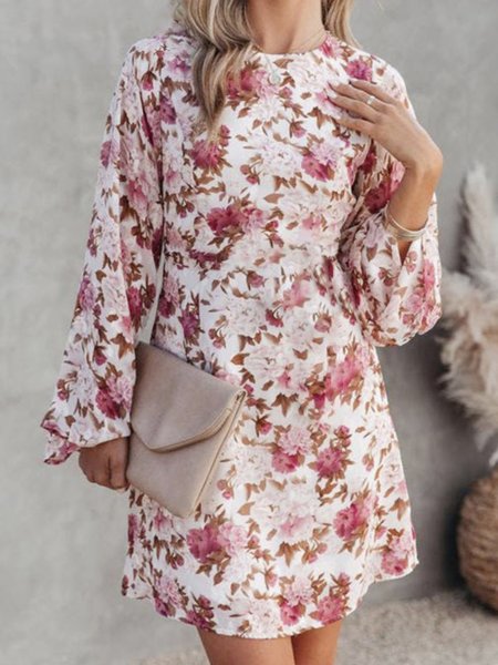 

Floral Crew Neck Loosen floral date short Dresses, Dark pink, Mini Dresses