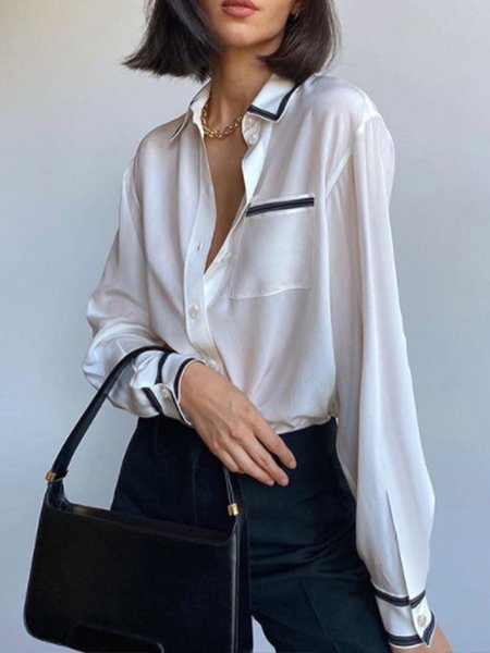 

Daily Color Block Long Sleeve Shirt Collar Simple Top, White, Blouses and Shirts