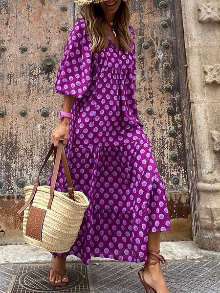 Plus size Printed Holiday Boho Dresses, Purple, Maxi Dresses