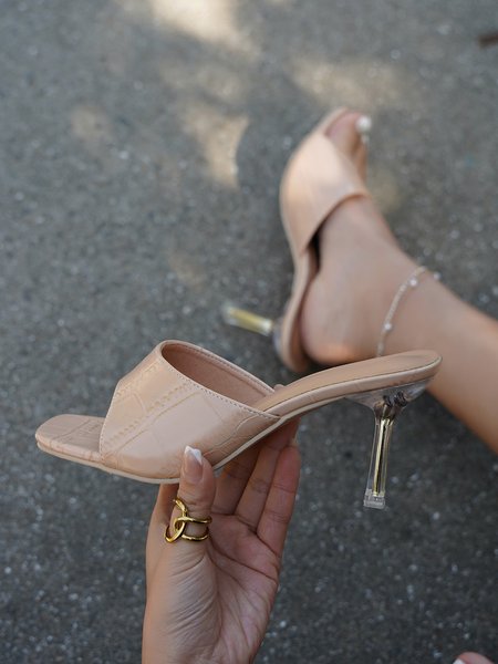 

Black-white-khaki Lizard Pattern PU Leather Metal Heel Sandals, Sandals