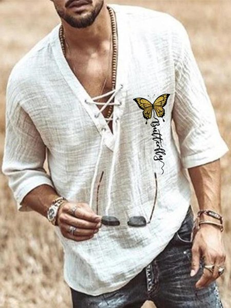 

The Butterfly National Grain Style leisure Cotton And linen Stripe Shirts With Short Sleeves, As picture, Shirts ＆ Blouse