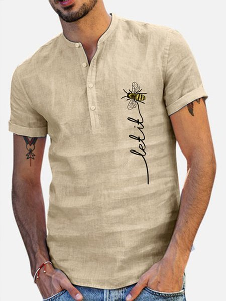 

Bees letters Grain National Style leisure Cotton And linen Stripe Shirts With Short Sleeves, Khaki, Shirts ＆ Blouse
