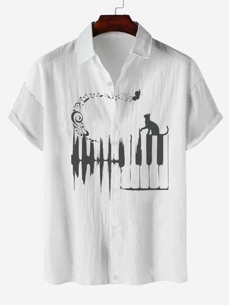 

Music Black Grain National Style leisure Cotton And linen Stripe Shirts With Short Sleeves, White, Shirts ＆ Blouse