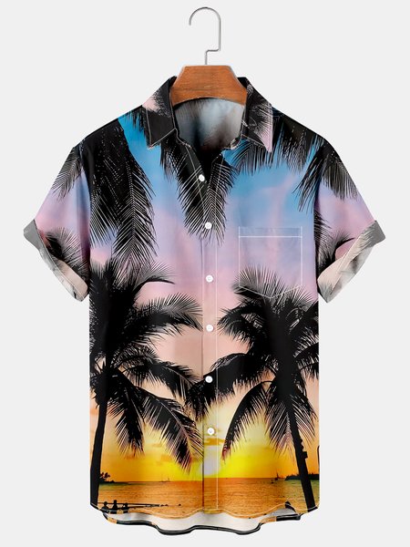 

Vacation Leisure Plant Elements Coconut Tree Pattern Hawaiian Style Printed Shirt Top, As picture, Men's Floral shirt