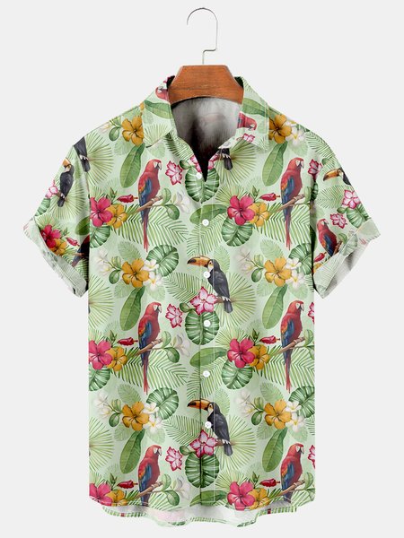 

Holiday Style Hawaiian Series Plant Leaves Flower Parrot Element Pattern Lapel Short-Sleeved Shirt Print Top, Green, Men's Floral shirt