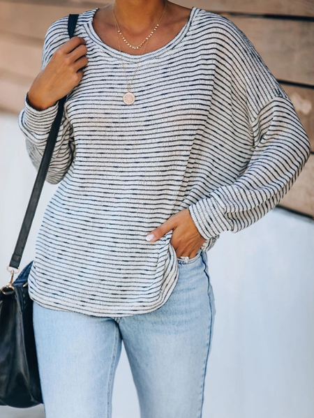 Casual Loosen Striped Tops, White, Tops