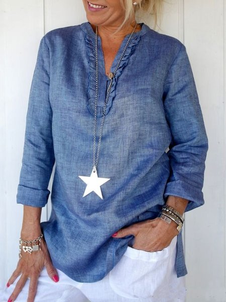 

Casual Loosen V Neck Solid Long Sleeve Shirts & Tops, Blue, Tops