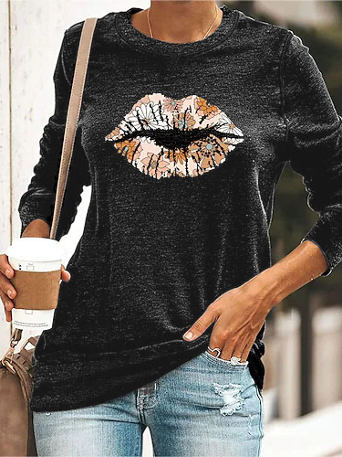 

Geometric Floral Casual Crew Neck Shirts & Tops, Black-grey, Tops