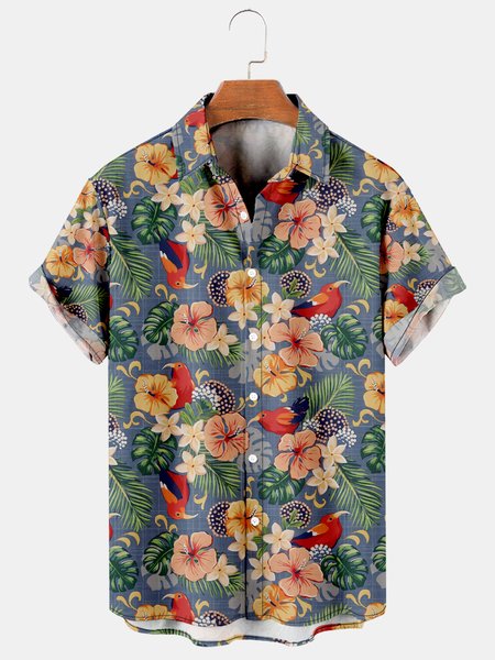 

Holiday Style Hawaiian Series Plant Flower Leaf Element Lapel Short-Sleeved Shirt Print Top, Blue, Men's Floral shirt