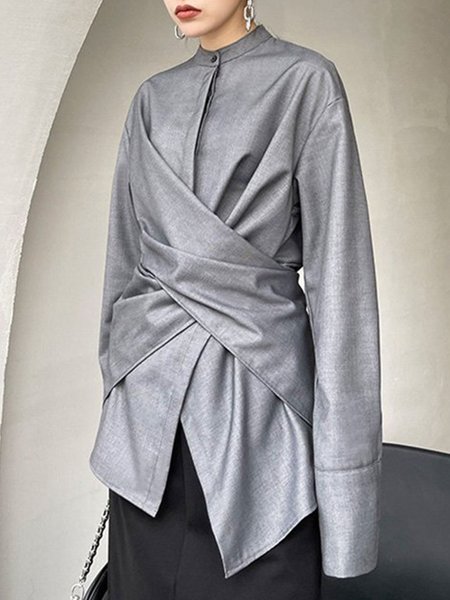 

Casual Shirt Collar Loosen Long Sleeve Plain Top, Gray, Blouses and Shirts